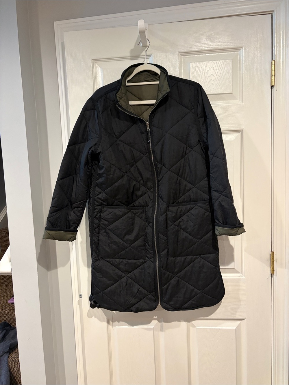 Black Quilted Long Jacket with Olive Lining reversible